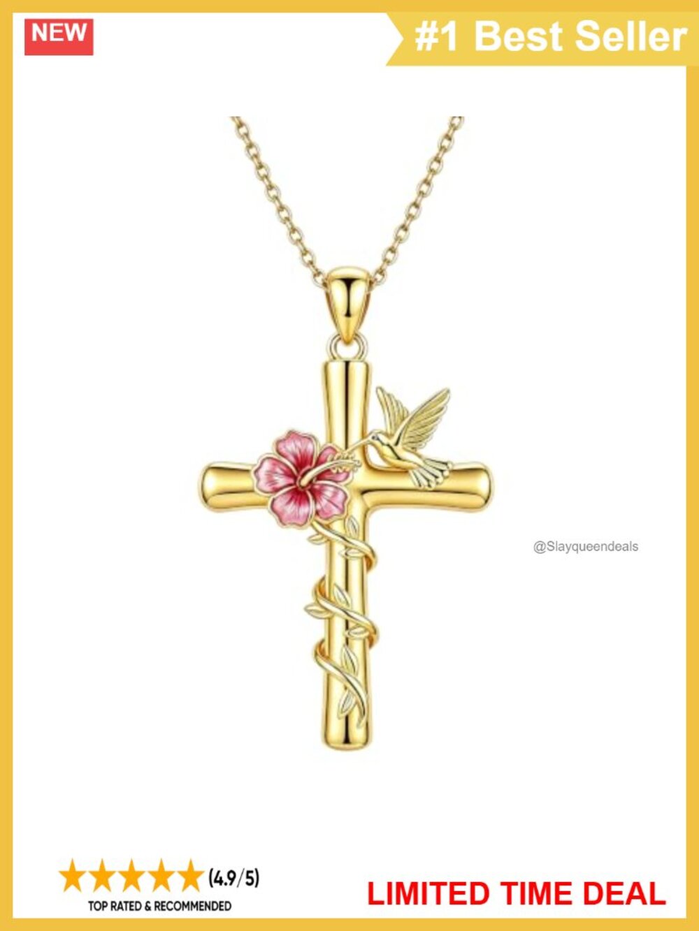 18K Gold Plated Hummingbird Hibiscus Cross Pendant Necklace Cubic Zirconia